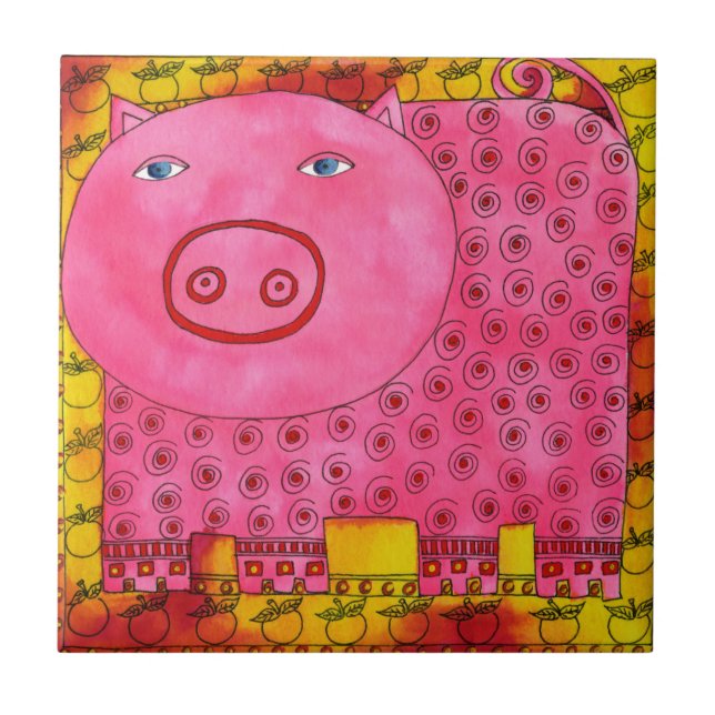 Azulejo Ilustración de cerdo estampado en acuarela (Frente)
