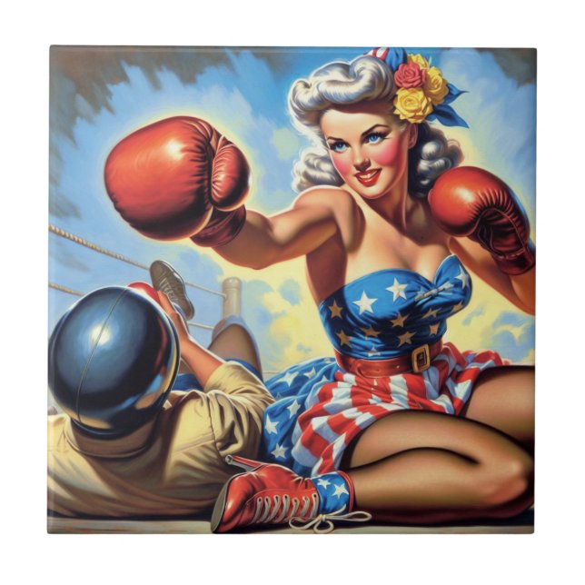 Azulejo Ilustracion de Chica de boxeo de época (Frente)