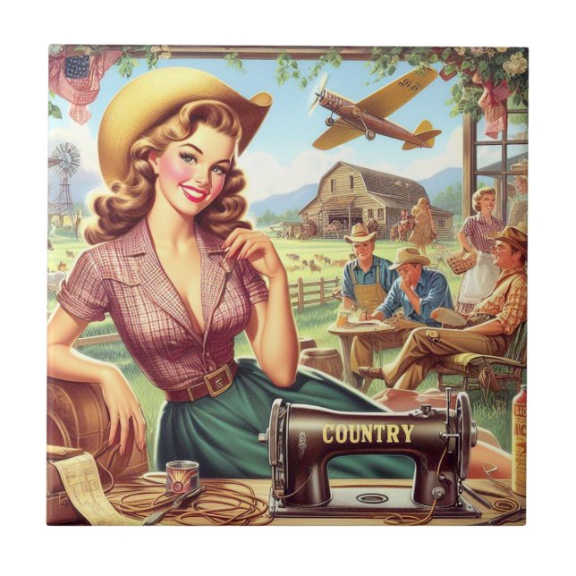 Azulejo Ilustracion de Chica de campo vintage (Frente)