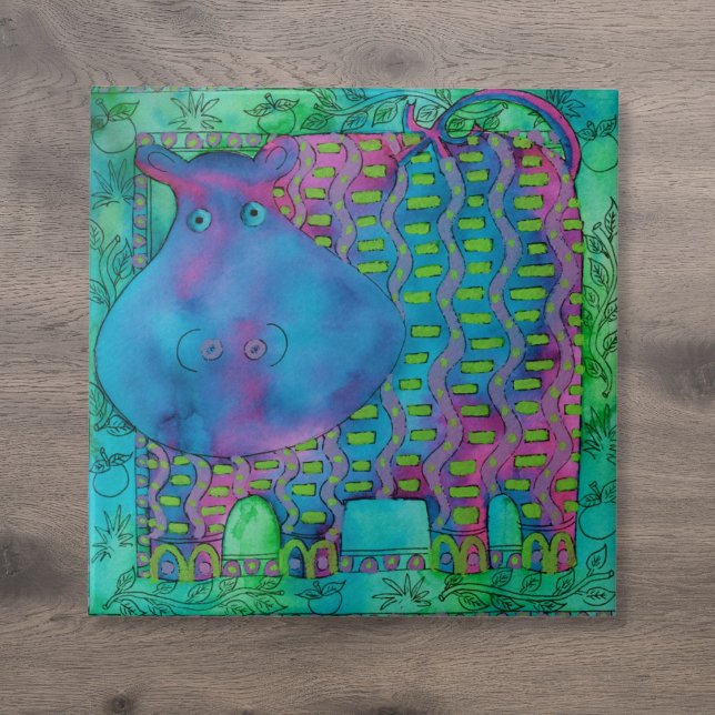 Azulejo Ilustracion de color Hippo con patrones (Patterned Hippo Watercolour Illustration Ceramic Tile)