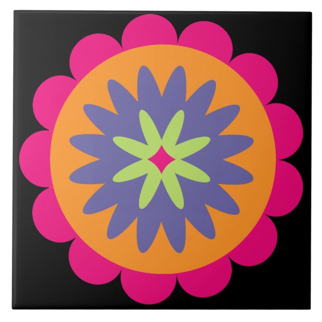 Azulejo ilustracion de formas florales naranja y rosa (Frente)