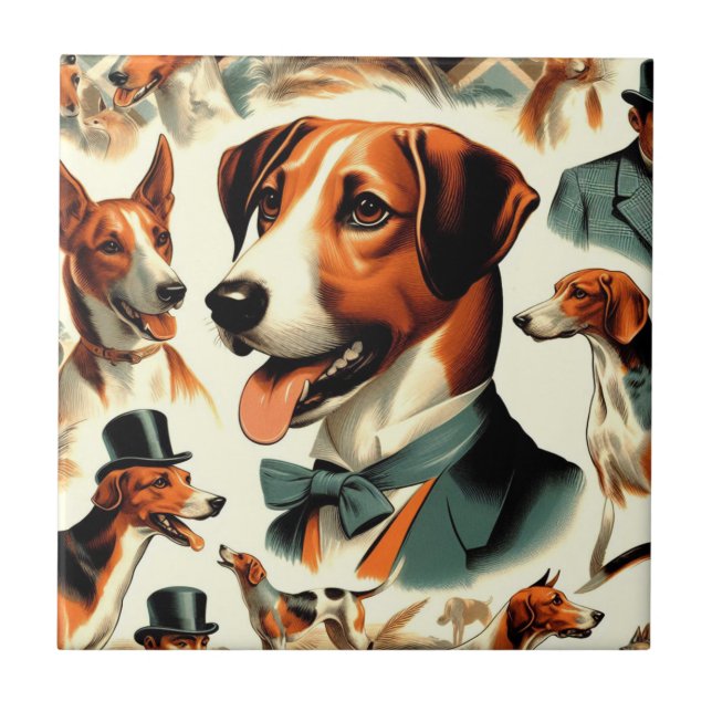 Azulejo Ilustracion de Foxhound inglés de época (Frente)