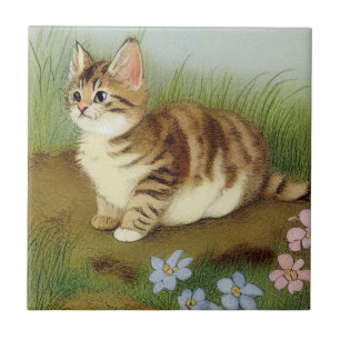 Azulejo Ilustracion de gatito vintage con flores