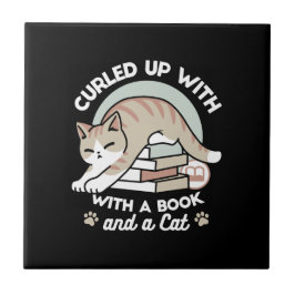 Azulejo Ilustracion de Gato de Amante de Libros - Curva y