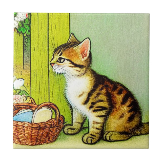 Azulejo Ilustracion de gato de tabby de época (Frente)