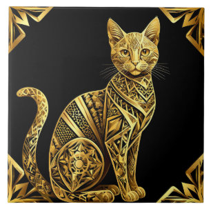 Azulejo Ilustración de gato dorado ornamentado