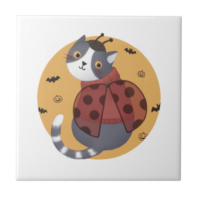 Azulejo Ilustracion de Halloween: Gato de Bicho Ladybug (Frente)