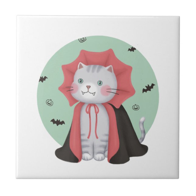 Azulejo Ilustracion de Halloween: Gato de vampiro (Frente)