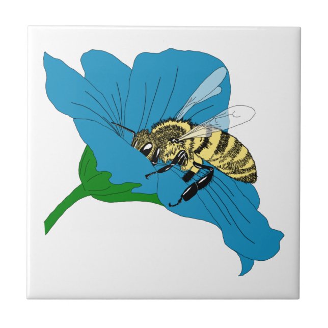 Azulejo Ilustracion de las flores azules de abejas (Frente)
