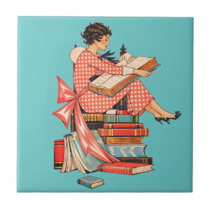 Azulejo Ilustración de lector amante de libros antiguos