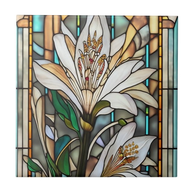 Azulejo Ilustracion de Lirio Blanco de Cristal Manchado (Frente)