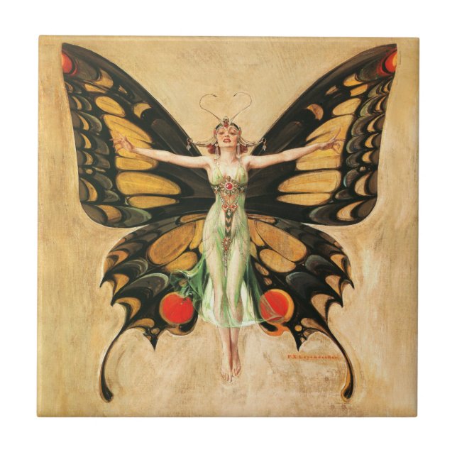 Azulejo Ilustración de mujer Leyendecker mariposa Flapper (Frente)