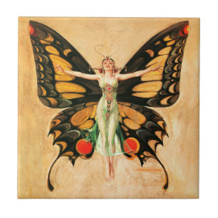 Azulejo Ilustración de Mujer Volando Mariposa Flapper