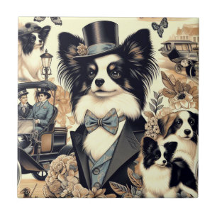 Azulejo Ilustracion de perro de Papillon de época