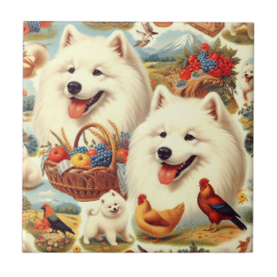 Azulejo Ilustracion de perro Samoyed de época