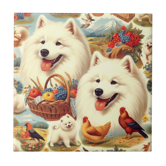 Azulejo Ilustracion de perro Samoyed de época (Frente)