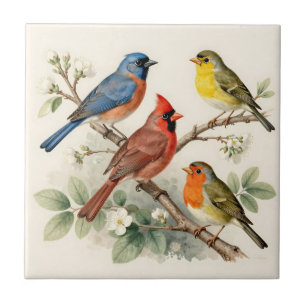 Azulejo Ilustración de rama de flor de pájaro cantor vinta