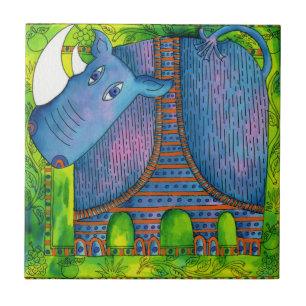 Azulejo Ilustración de Rinoceronte con Patrón en Acuarela