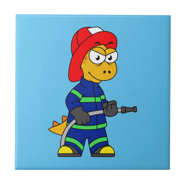 Azulejo Ilustracion De Un Bombero De Tirano Rex. (Frente)