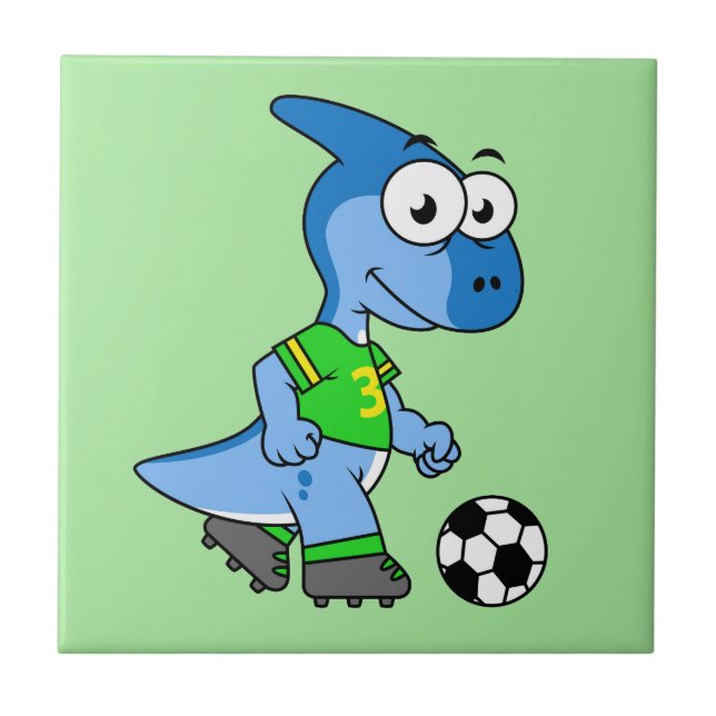 Azulejo Ilustracion De Un Parasaurolophus Jugando Fútbol. (Frente)