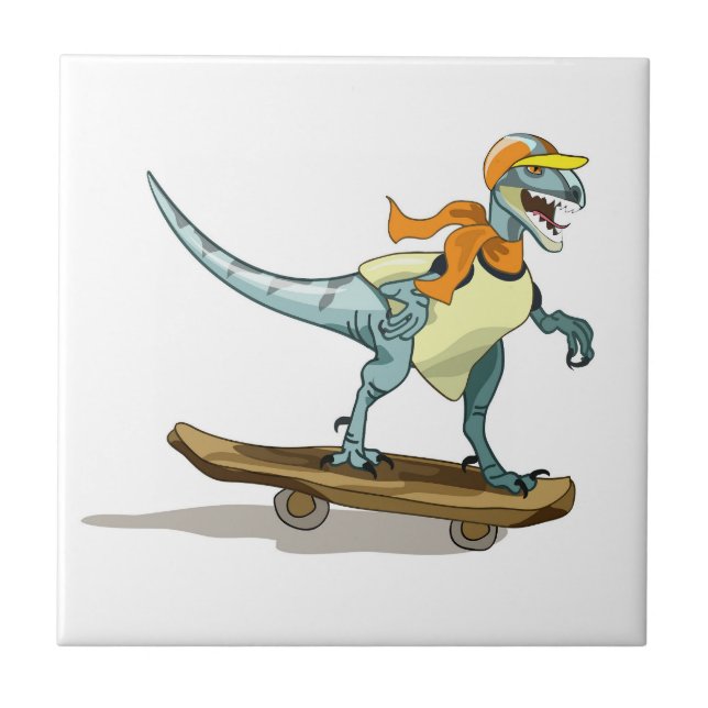 Azulejo Ilustracion De Un Skateboarding Raptor. (Frente)