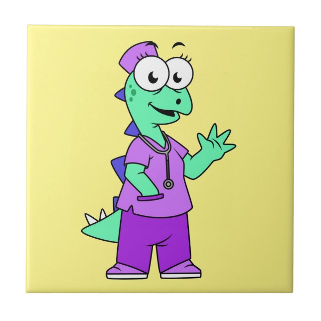 Azulejo Ilustracion De Una Enfermera Estegosauria. (Frente)