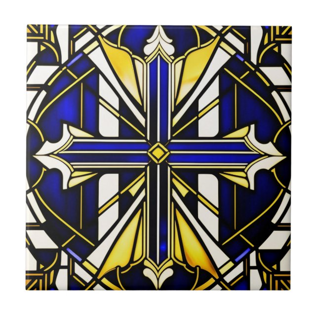 Azulejo Ilustracion de vidrio manchado de azul cruzado (Frente)