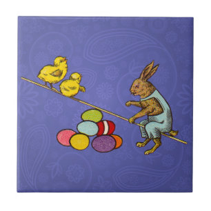 Azulejo Ilustración del conejo de Pascua empollando huevos