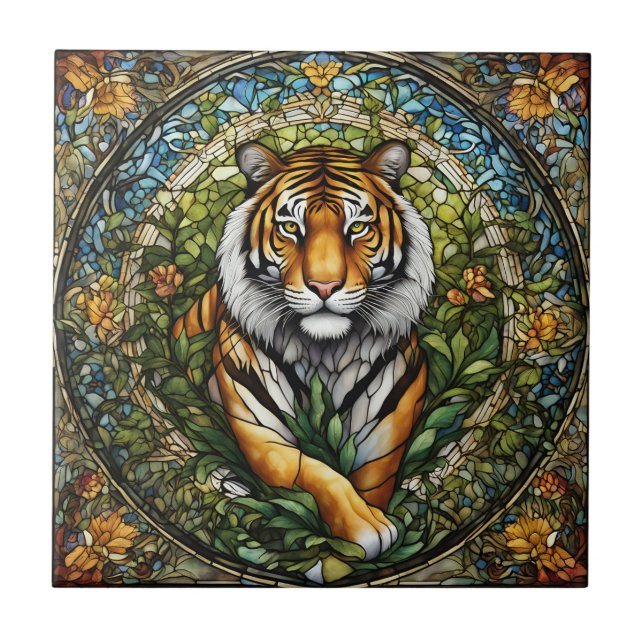 Azulejo Ilustracion del tigre de vidrio manchado (Frente)