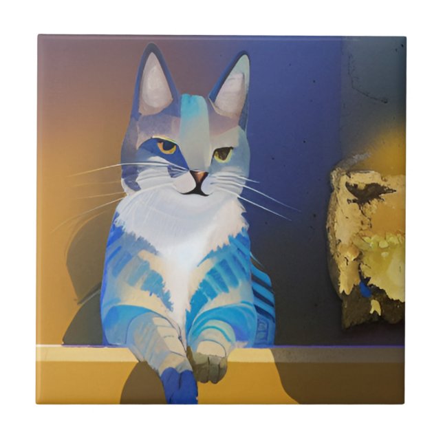 Azulejo Ilustracion dorado del sol del gato azul (Frente)