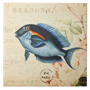 Azulejo Ilustracion floral francés de pescado azul vintage