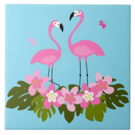 Azulejo Ilustración floral tropical de flamencos rosados