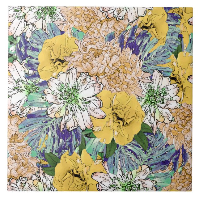 Azulejo Ilustracion floral verde y amarillo de moda (Frente)
