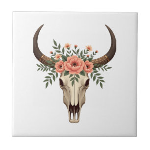 Azulejo Ilustración floral vintage de cráneo de toro boho 