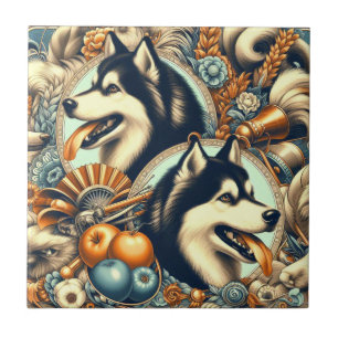 Azulejo Ilustracion Husky retro siberiano
