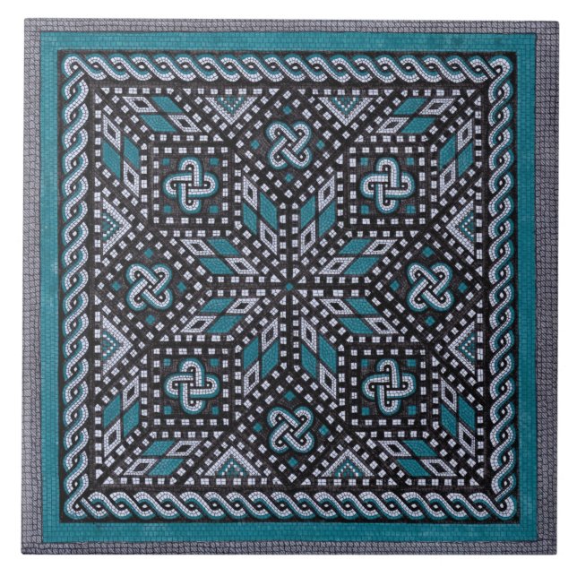 Azulejo ilustracion mosaico gris negro y azul matismo (Frente)
