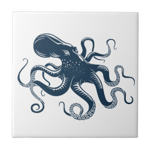 Azulejo Ilustración náutica de pulpo azul marino