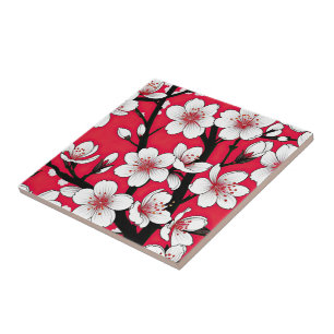 Azulejo Ilustración Negrita de Flor de Cerezo en Rojo