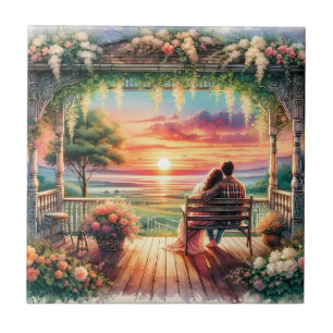 Azulejo Ilustración romántica de la vista del porche al at