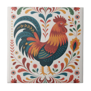 Azulejo Ilustración tradicional de gallo de arte popular