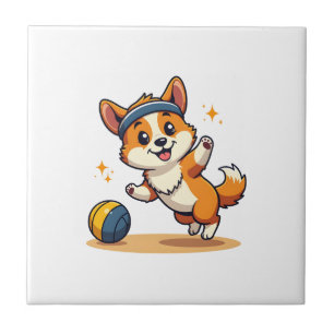 Azulejo Ilustración vectorial de perro Corgi vintage jugan