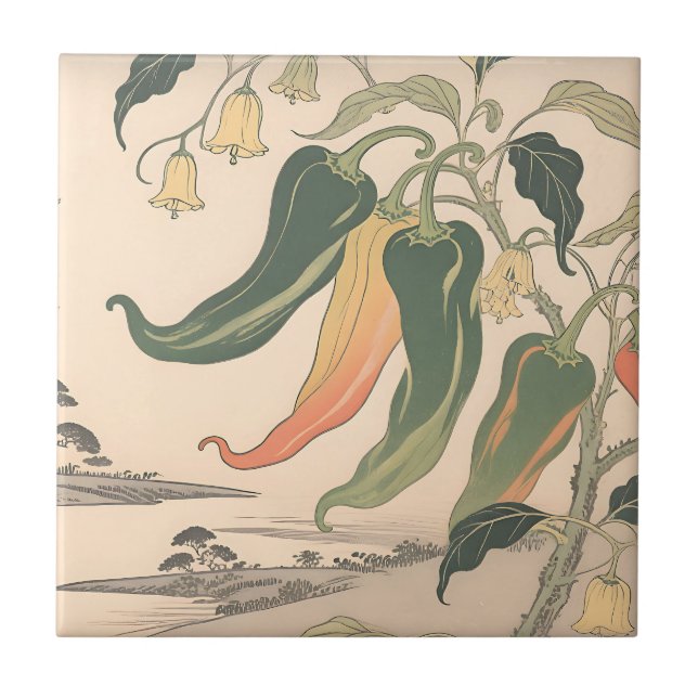 Azulejo Ilustración Vintage de Pimiento (Frente)
