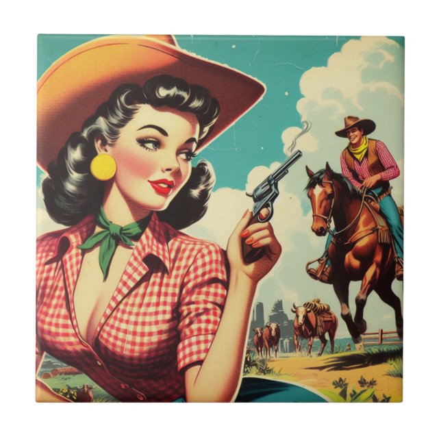 Azulejo Ilustracion Vintage Pulp Cowgirl (Frente)