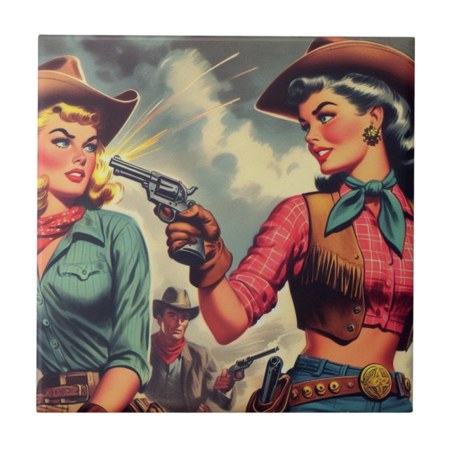 Azulejo Ilustracion Vintage Pulp Cowgirls (Frente)