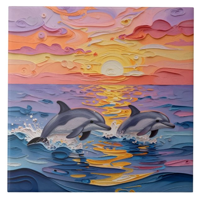 Azulejo Impasto Dolphins and Ocean Waves   (Frente)