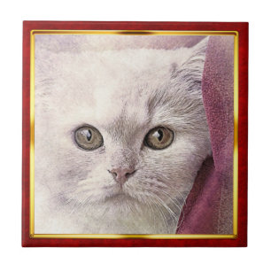 Azulejo Impresión abstracta de gato enmarcada en rojo y do