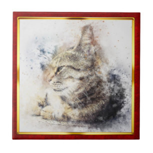 Azulejo Impresión abstracta de gato enmarcada en rojo y do