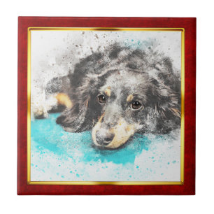 Azulejo Impresión abstracta de perro enmarcada en rojo y d