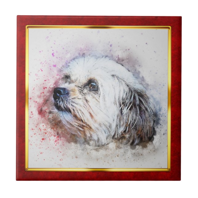 Azulejo Impresión abstracta de perro enmarcada en rojo y d (Frente)