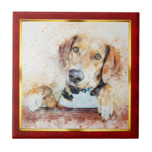 Azulejo Impresión abstracta de perro enmarcada en rojo y d